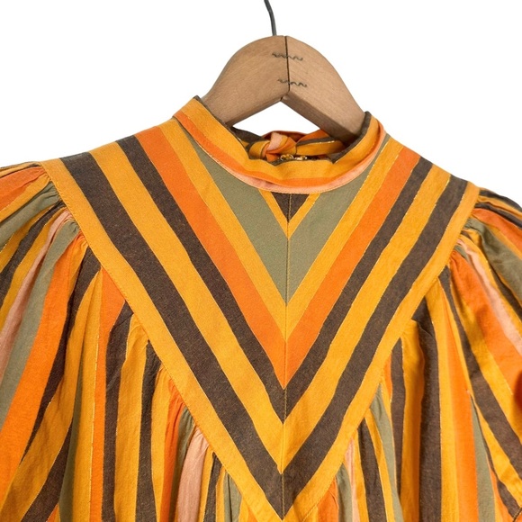 Ulla Johnson | Yellow and Orange Striped Tiered Short Puff Sleeve Dress Size 8 - Picture 3 of 11